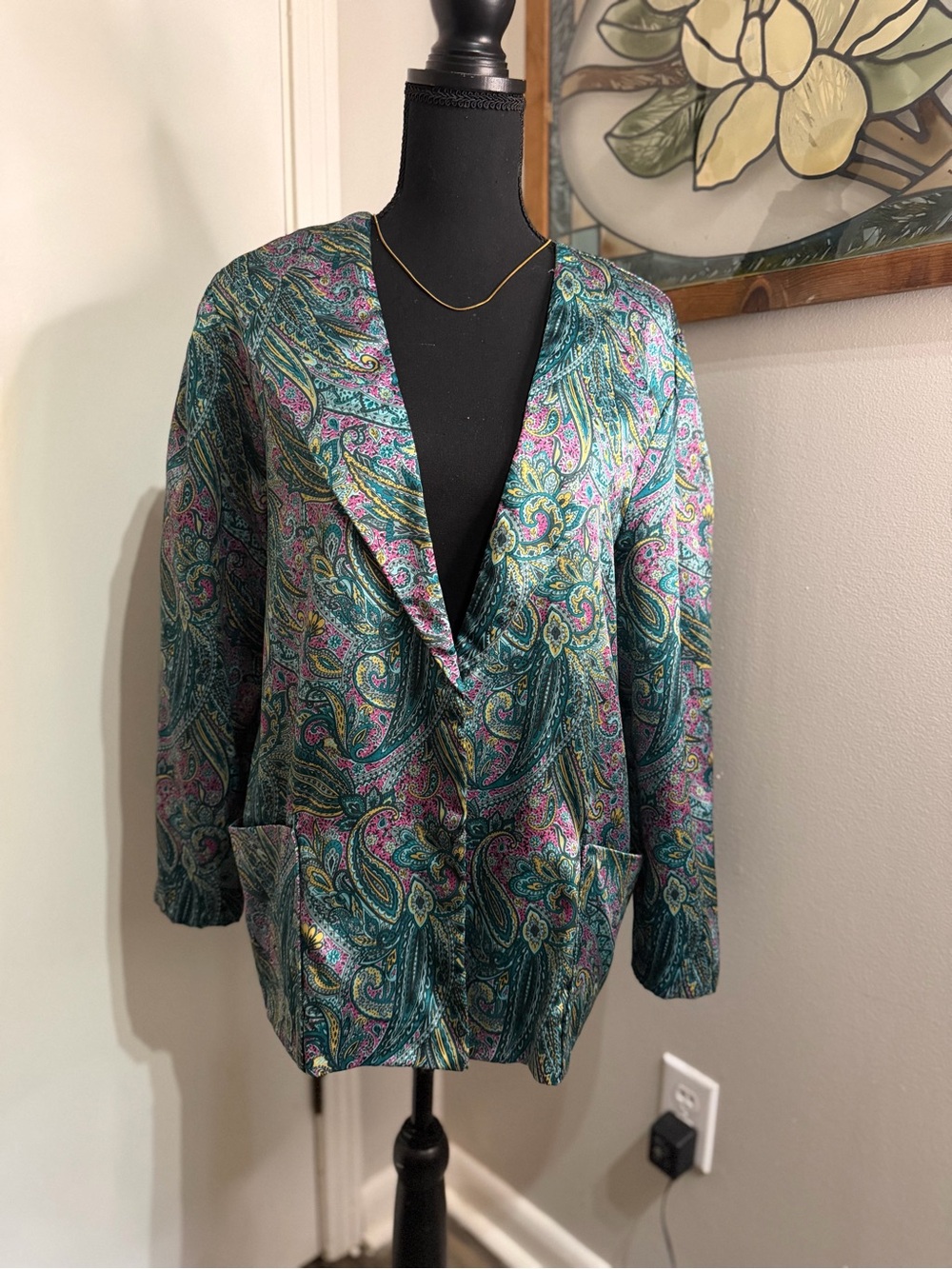 Paisley Open-Front Blazer Jacket in Teal & Pink